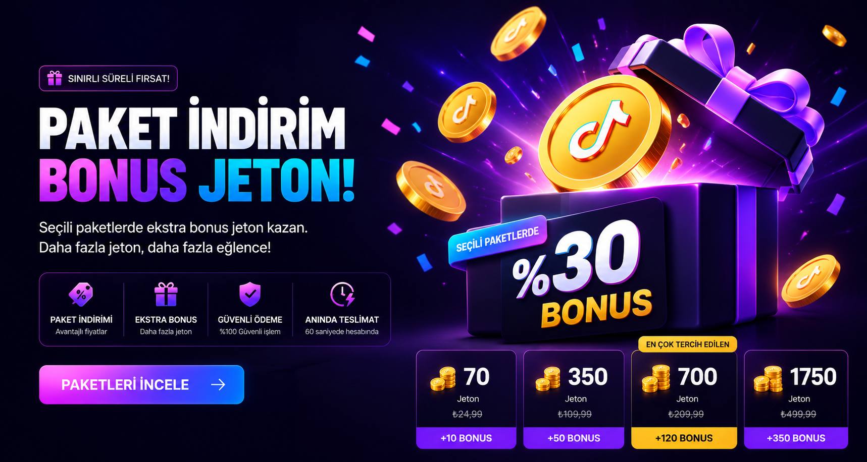 TikTok Jeton Satın Al — Anında Teslimat